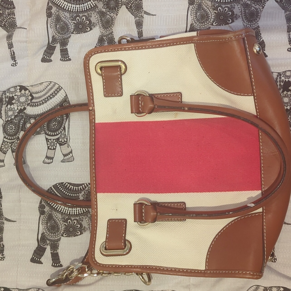 Michael Kors Hamilton Mono Red Stripe Canvas Leather Tote Large Lock Chain - Picture 5 of 10